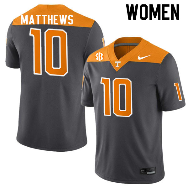 Women #10 Mike Matthews Tennessee Volunteers College Football Jerseys Stitched-Anthracite